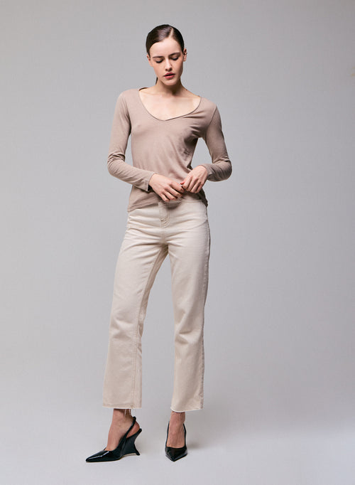 T-shirt Beige Col V Manches Longues en Coton et Cachemire - MAJESTIC FILATURES