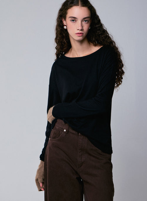 T-shirt Noir Col Bateau Manches Longues en Coton et Cachemire - MAJESTIC FILATURES
