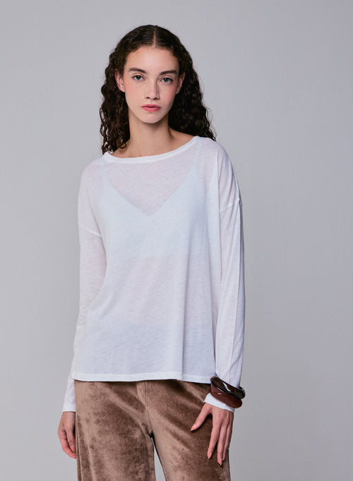 T-shirt Blanc Col Bateau Manches Longues en Coton et Cachemire - MAJESTIC FILATURES