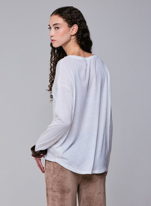 T-shirt Blanc Col Bateau Manches Longues en Coton et Cachemire - MAJESTIC FILATURES