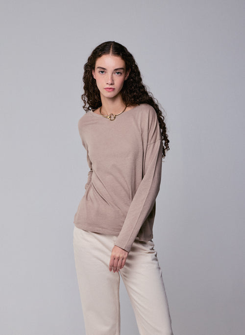 T-shirt Beige Col Bateau Manches Longues en Coton et Cachemire - MAJESTIC FILATURES