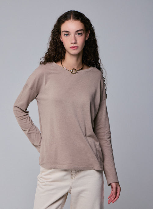 T-shirt Beige Col Bateau Manches Longues en Coton et Cachemire - MAJESTIC FILATURES
