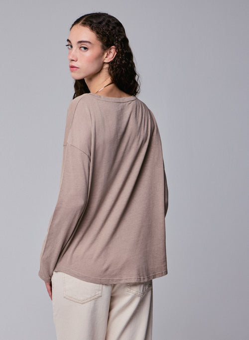 T-shirt Beige Col Bateau Manches Longues en Coton et Cachemire - MAJESTIC FILATURES