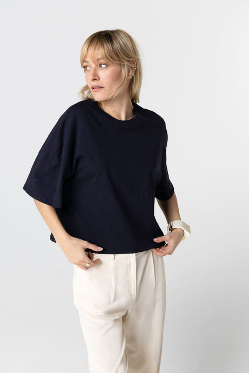 T-shirt Marine Col Rond Manches Courtes en Coton Organique - MAJESTIC FILATURES