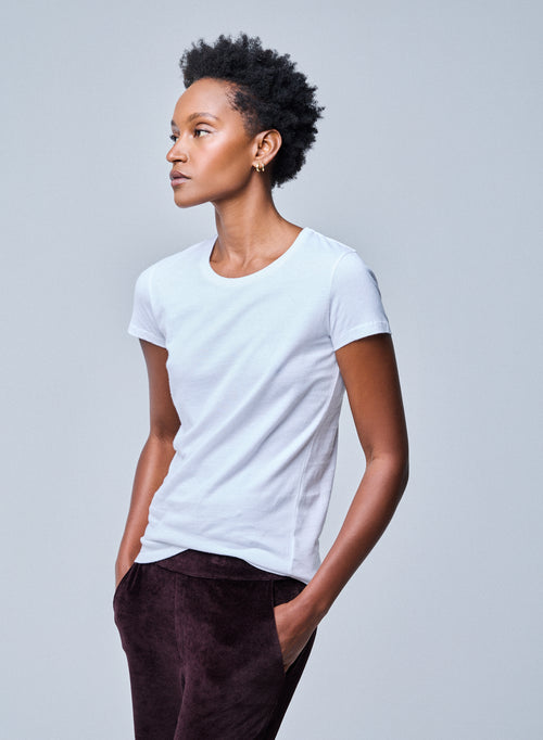 T-shirt Blanc Jamie Col Rond Manches Courtes en Coton Organique - MAJESTIC FILATURES