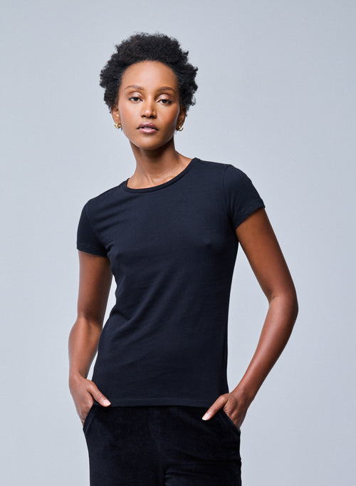 T-shirt Noir Jamie Col Rond Manches Courtes en Coton Organique - MAJESTIC FILATURES