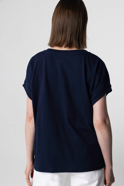 Kurzarm-T-Shirt mit V-Ausschnitt aus Bio-Baumwolle in Marineblau - MAJESTIC FILATURES
