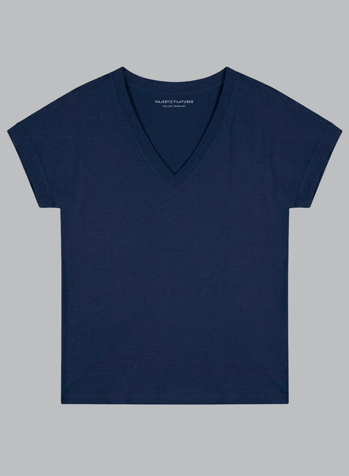 Kurzarm-T-Shirt mit V-Ausschnitt aus Bio-Baumwolle in Marineblau - MAJESTIC FILATURES