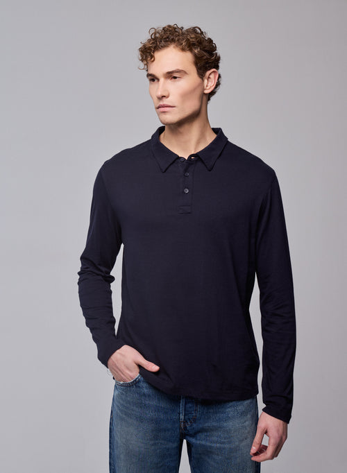 Marineblaues Poloshirt Langärmeliges Poloshirt aus Bio-Baumwolle - MAJESTIC FILATURES