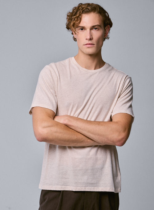Beigefarbenes Kurzarm-T-Shirt mit Rundhalsausschnitt aus Bio-Baumwolle - MAJESTIC FILATURES