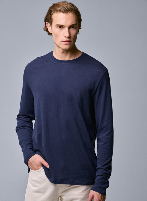 Blaues Langarm-T-Shirt mit Rundhalsausschnitt aus Bio-Baumwolle - MAJESTIC FILATURES