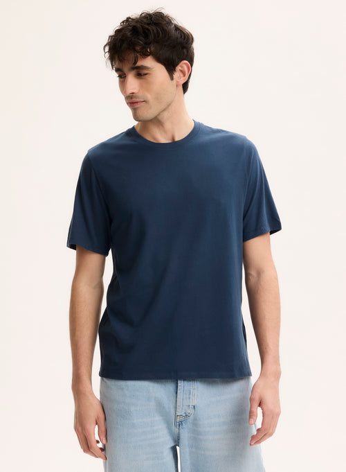 Tee shirt Bleu Col Rond Manches Courtes - MAJESTIC FILATURES