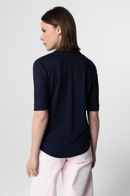 Hemd mit Ellbogenärmeln aus Leinen/Elasthan in Marineblau - MAJESTIC FILATURES