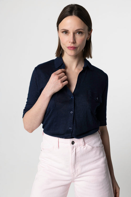 Hemd mit Ellbogenärmeln aus Leinen/Elasthan in Marineblau - MAJESTIC FILATURES