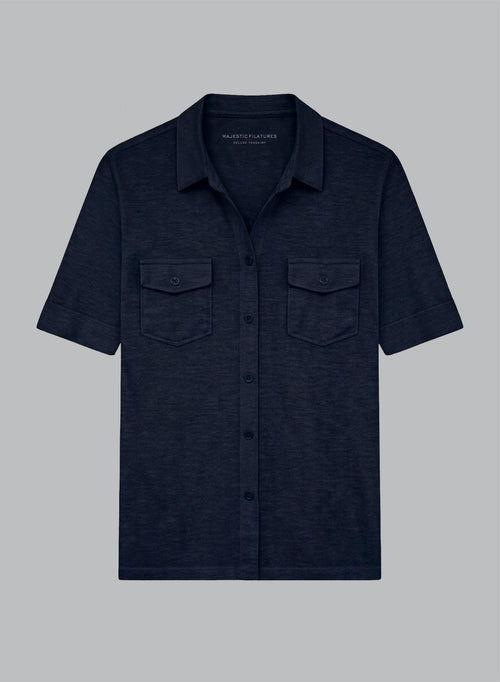 Hemd mit Ellbogenärmeln aus Leinen/Elasthan in Marineblau - MAJESTIC FILATURES