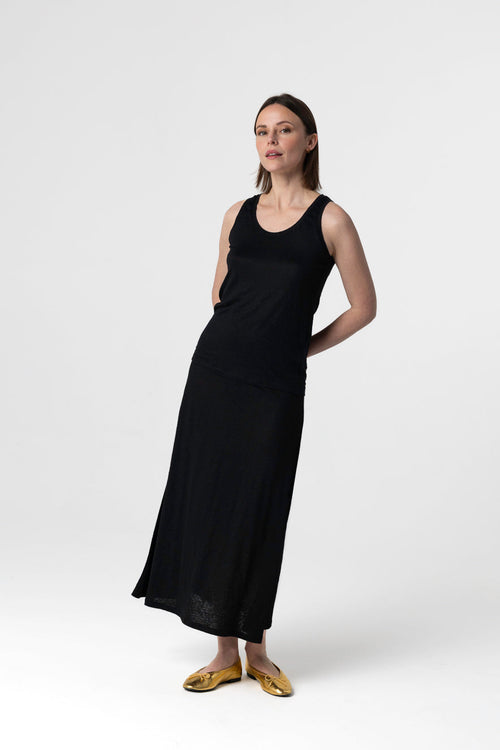 Schwarzes Ärmelloses Tanktop mit U-Ausschnitt aus Leinen / Elasthan - MAJESTIC FILATURES