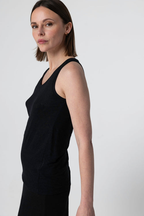 Schwarzes Ärmelloses Tanktop mit U-Ausschnitt aus Leinen / Elasthan - MAJESTIC FILATURES