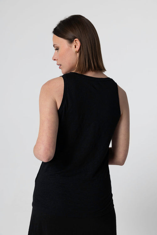 Schwarzes Ärmelloses Tanktop mit U-Ausschnitt aus Leinen / Elasthan - MAJESTIC FILATURES