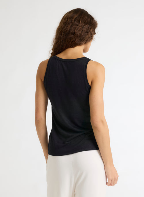 Débardeur Noir Col U Sans Manches en Lin / Elasthanne - MAJESTIC FILATURES