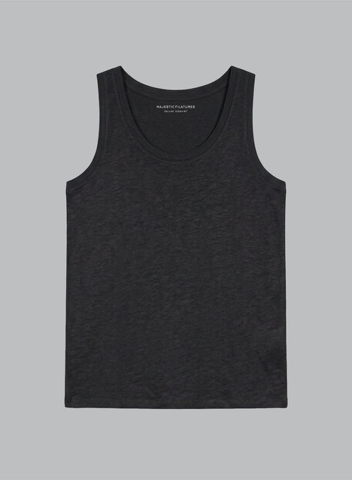 Schwarzes Ärmelloses Tanktop mit U-Ausschnitt aus Leinen / Elasthan - MAJESTIC FILATURES