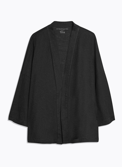 Gilet Noir Col Profond Manches Longues en Lin / Elasthanne - MAJESTIC FILATURES
