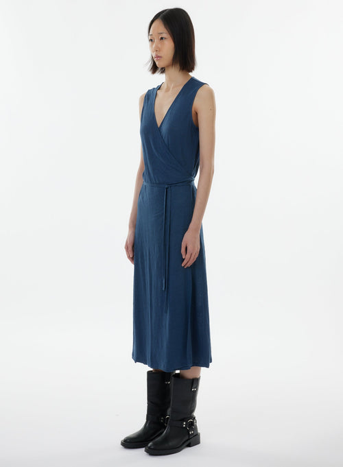 Robe Bleue Sans Manches Col V - MAJESTIC FILATURES