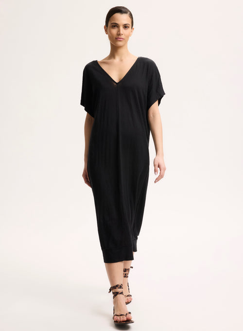 Robe Noir Col V Sans Manches - MAJESTIC FILATURES