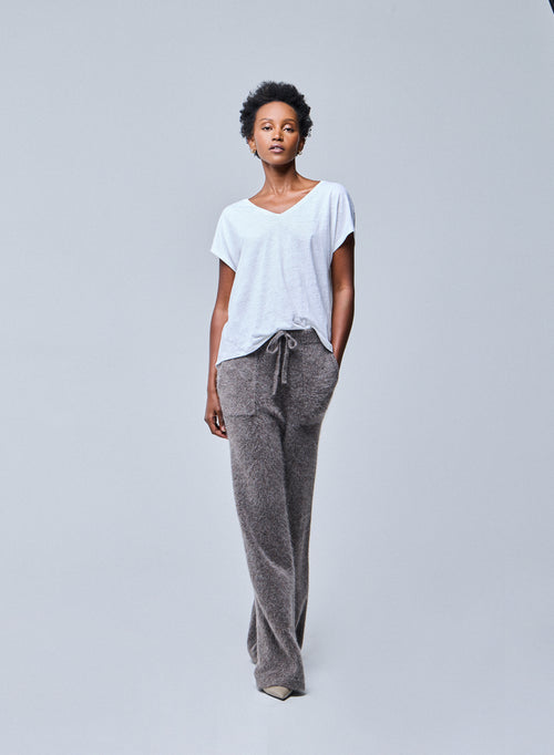 T-shirt Blanc Col V Manches Courtes en Lin / Elasthanne - MAJESTIC FILATURES