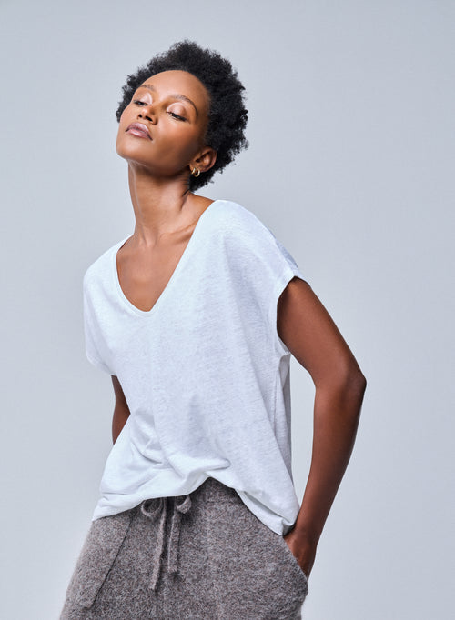T-shirt Blanc Col V Manches Courtes en Lin / Elasthanne - MAJESTIC FILATURES