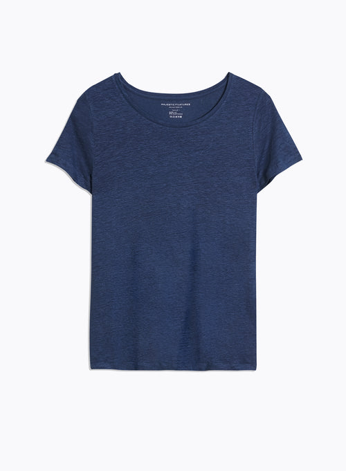 Tee shirt Bleu Manches Courtes Col Rond en Lin / Elasthanne - MAJESTIC FILATURES