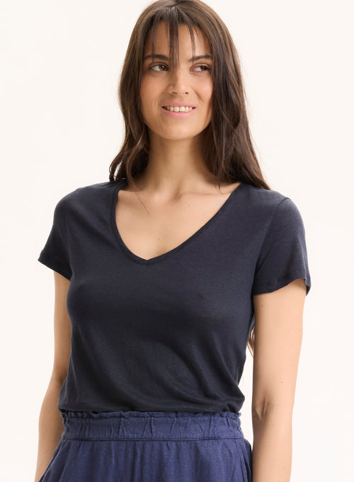 Marine T-Shirt mit kurzen Ärmeln und V-Ausschnitt aus Leinen und Elasthan - MAJESTIC FILATURES
