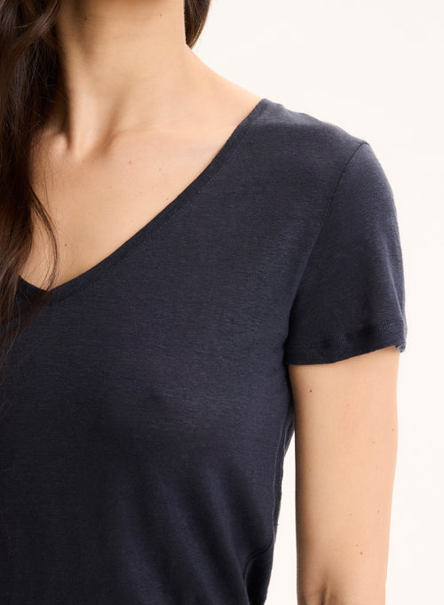 Marine T-Shirt mit kurzen Ärmeln und V-Ausschnitt aus Leinen und Elasthan - MAJESTIC FILATURES