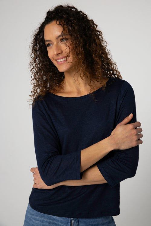 T-shirt Marine Col Bateau Manches Trois quarts en Lin / Elasthanne - MAJESTIC FILATURES