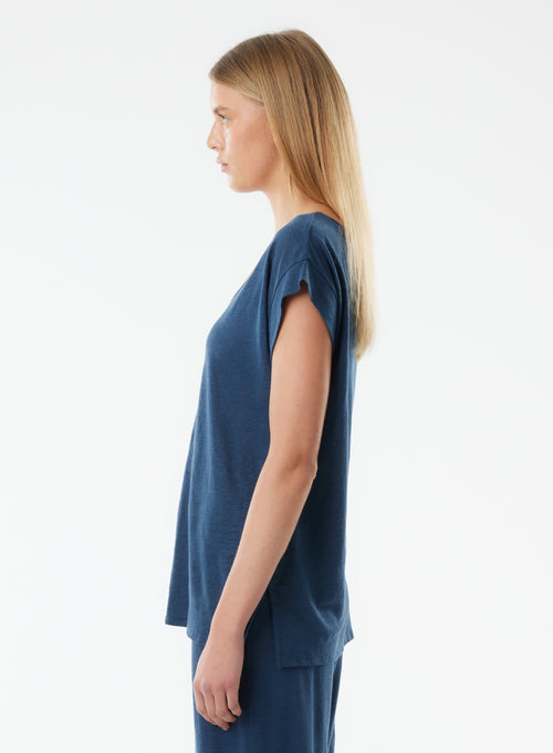 Tee shirt Bleu Manches Courtes Col V en Lin / Elasthanne - MAJESTIC FILATURES