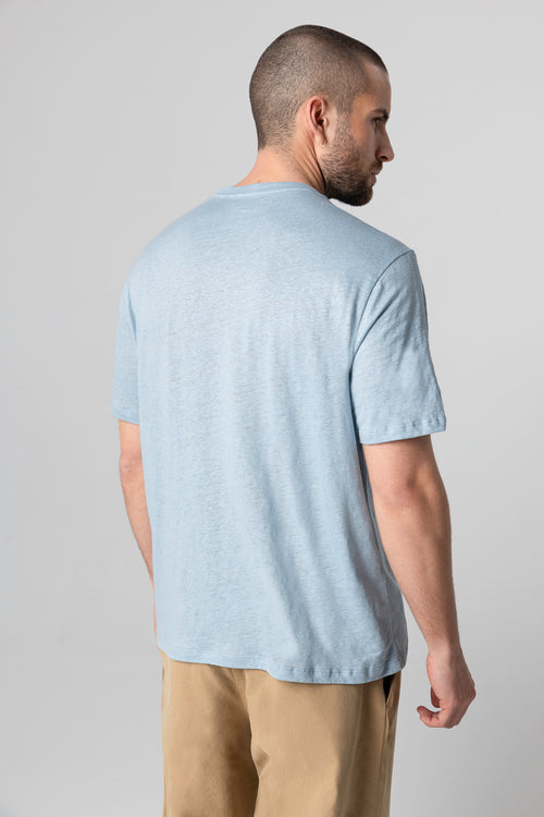 T-shirt Bleu Calanques Col Rond Manches Courtes en Lin / Elasthanne - MAJESTIC FILATURES