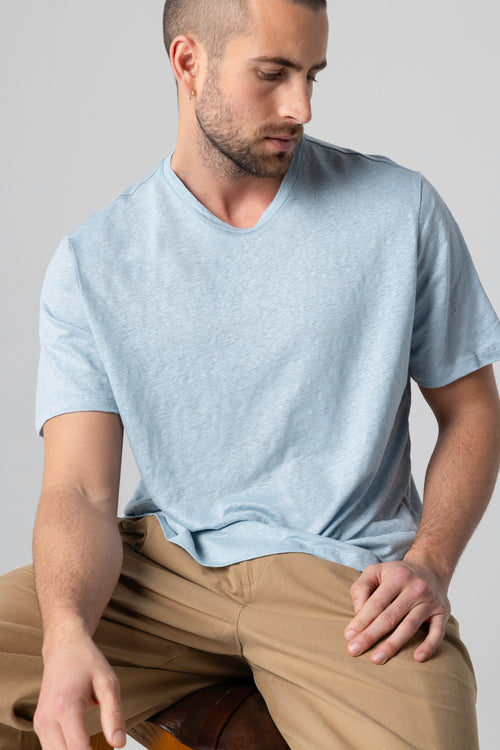 T-shirt Bleu Calanques Col Rond Manches Courtes en Lin / Elasthanne - MAJESTIC FILATURES
