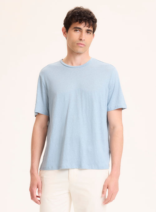 Blaues Kurzarm-T-Shirt mit Rundhalsausschnitt aus Leinen / Elasthan - MAJESTIC FILATURES