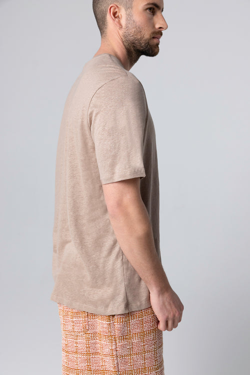 T-Shirt mit Rundhalsausschnitt und kurzen Ärmeln aus Leinen/Elasthan in Wüstensandfarbe - MAJESTIC FILATURES