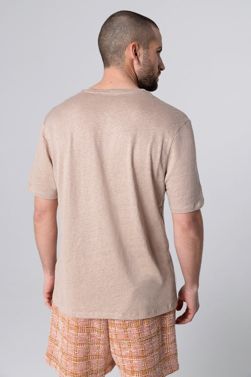 T-Shirt mit Rundhalsausschnitt und kurzen Ärmeln aus Leinen/Elasthan in Wüstensandfarbe - MAJESTIC FILATURES