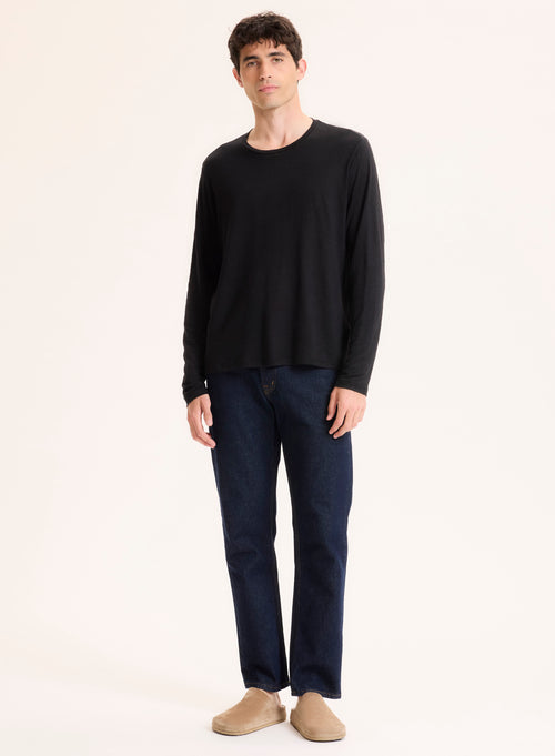 Tee shirt Noir Col Rond Manches Longues en Lin / Elasthanne - MAJESTIC FILATURES