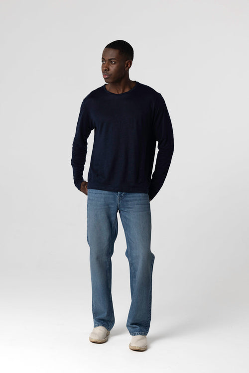 T-shirt Marine Col Rond Manches Longues en Lin / Elasthanne - MAJESTIC FILATURES