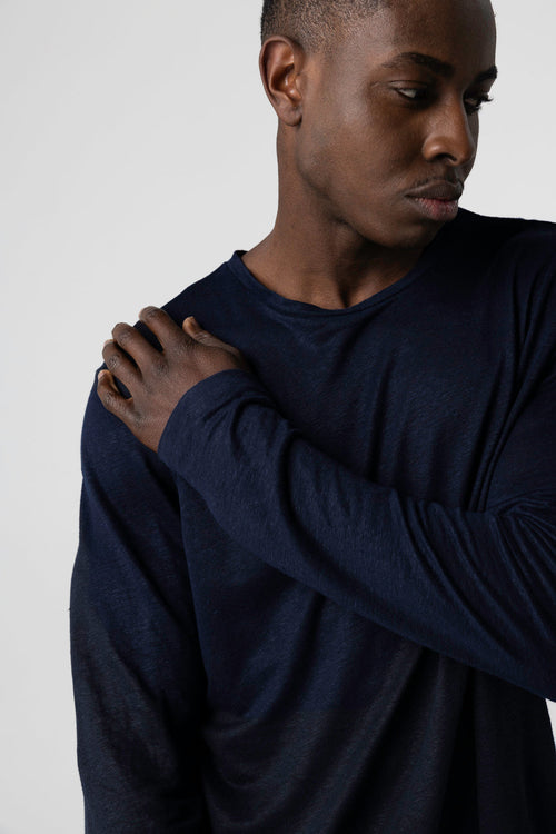 T-shirt Marine Col Rond Manches Longues en Lin / Elasthanne - MAJESTIC FILATURES