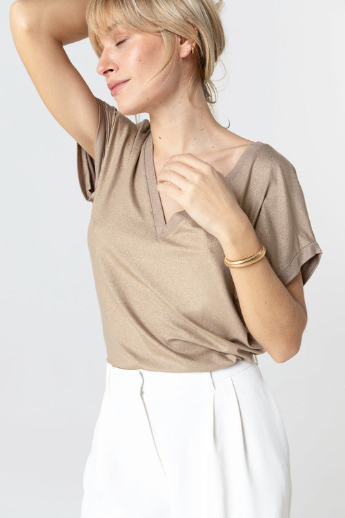 T-shirt Coffee Latte Col V Manches Courtes en Viscose / Elasthanne - MAJESTIC FILATURES