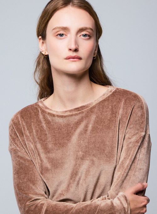 Beigefarbenes Langarm-T-Shirt mit U-Boot-Ausschnitt aus Bio-Baumwolle / Modal / Elasthan - MAJESTIC FILATURES