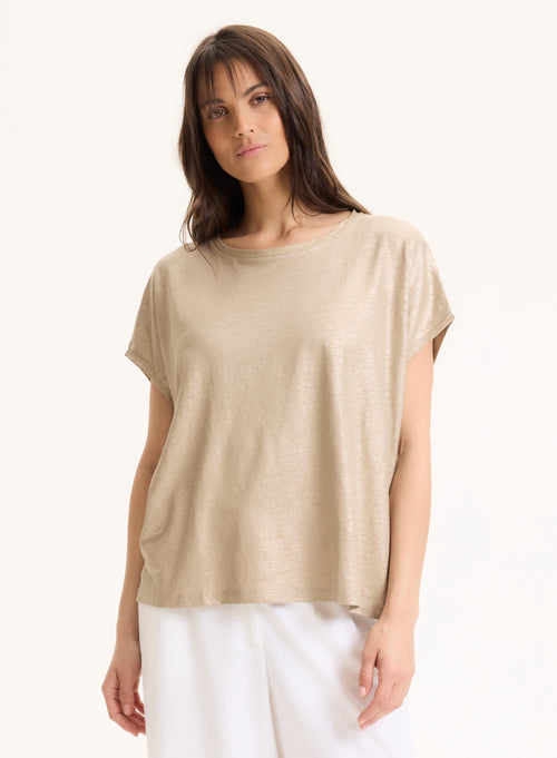 Tee shirt Beige Col Rond Sans Manches en Lin / Elasthanne - MAJESTIC FILATURES