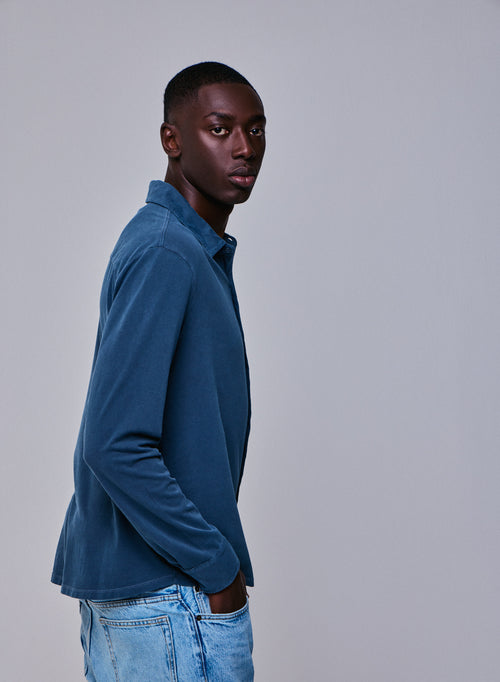Blaues Hemd Langarmshirt aus Bio-Baumwolle / Elasthan - MAJESTIC FILATURES
