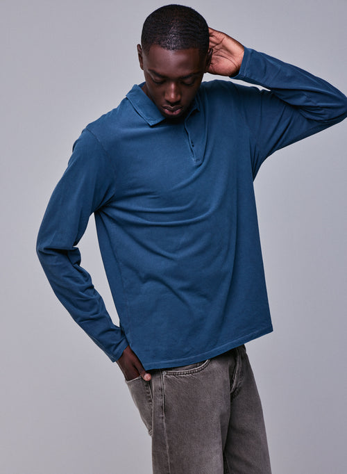 Blaues Poloshirt Langärmeliges Poloshirt aus Baumwolle / Elasthan - MAJESTIC FILATURES