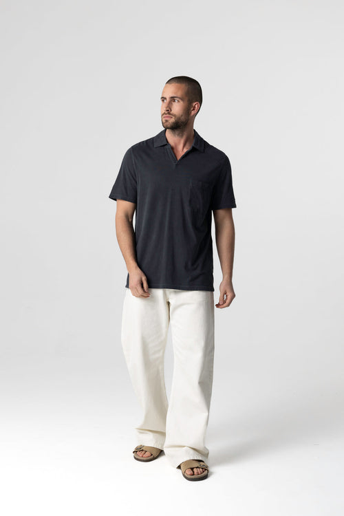 Kurzarm-Polohemd aus Bio-Baumwolle/Elasthan in Schwarz - MAJESTIC FILATURES