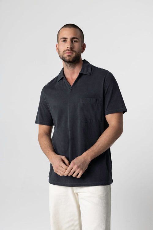 Kurzarm-Polohemd aus Bio-Baumwolle/Elasthan in Schwarz - MAJESTIC FILATURES