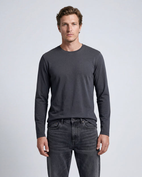 Schwarzes Langarm-T-Shirt mit Rundhalsausschnitt aus Bio-Baumwolle / Elasthan - MAJESTIC FILATURES
